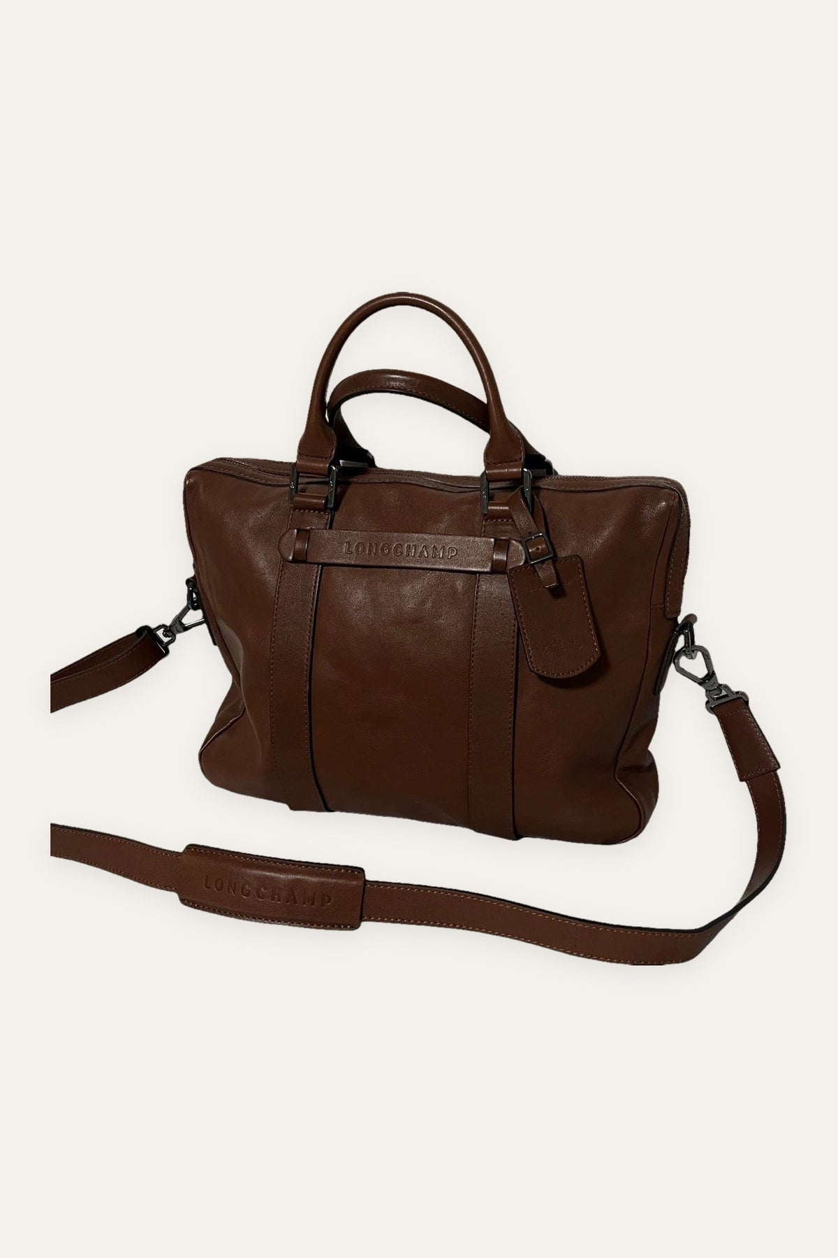 Longchamp 3D new brown leather laptop bag briefcase