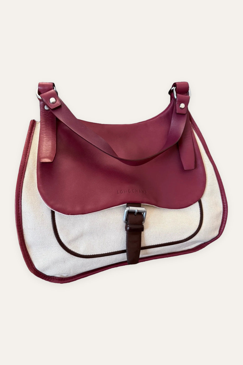 Longchamp balzane burgundy leather white fabric big bag