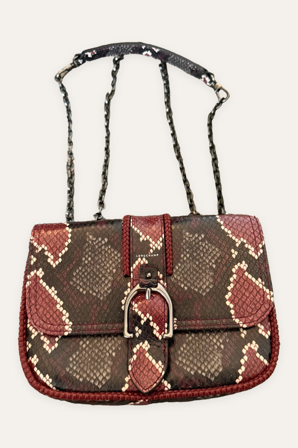 Longchamp burgundy amazone leather snake print crossbody shoulder bag