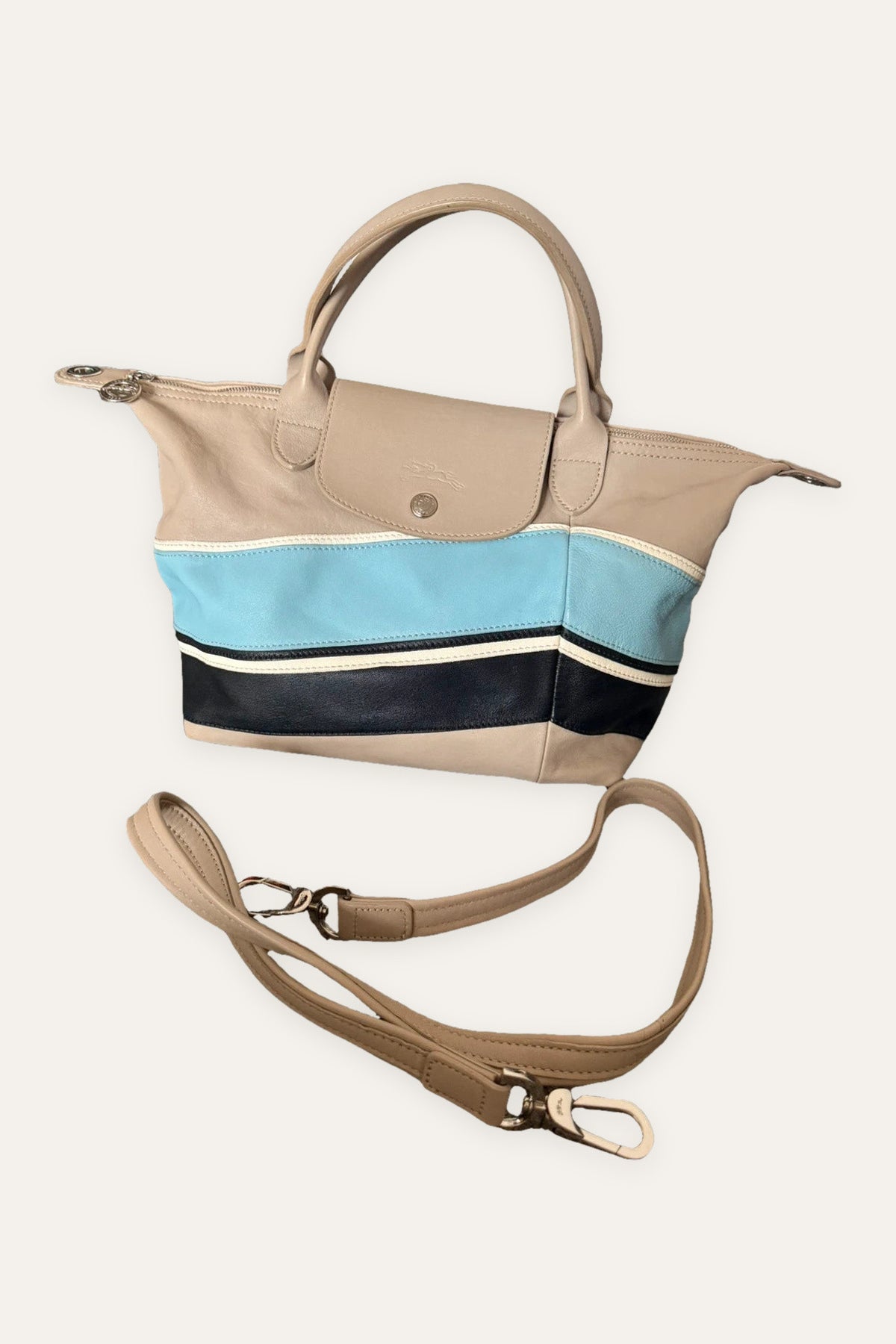 Longchamp le pliage grey blue leather small bag