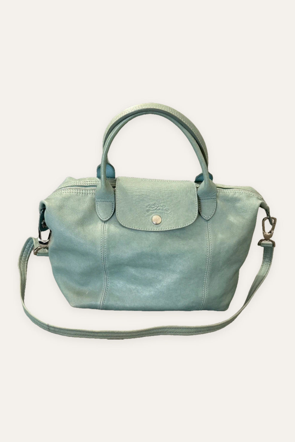 Longchamp le pliage turquoise mint leather handbag