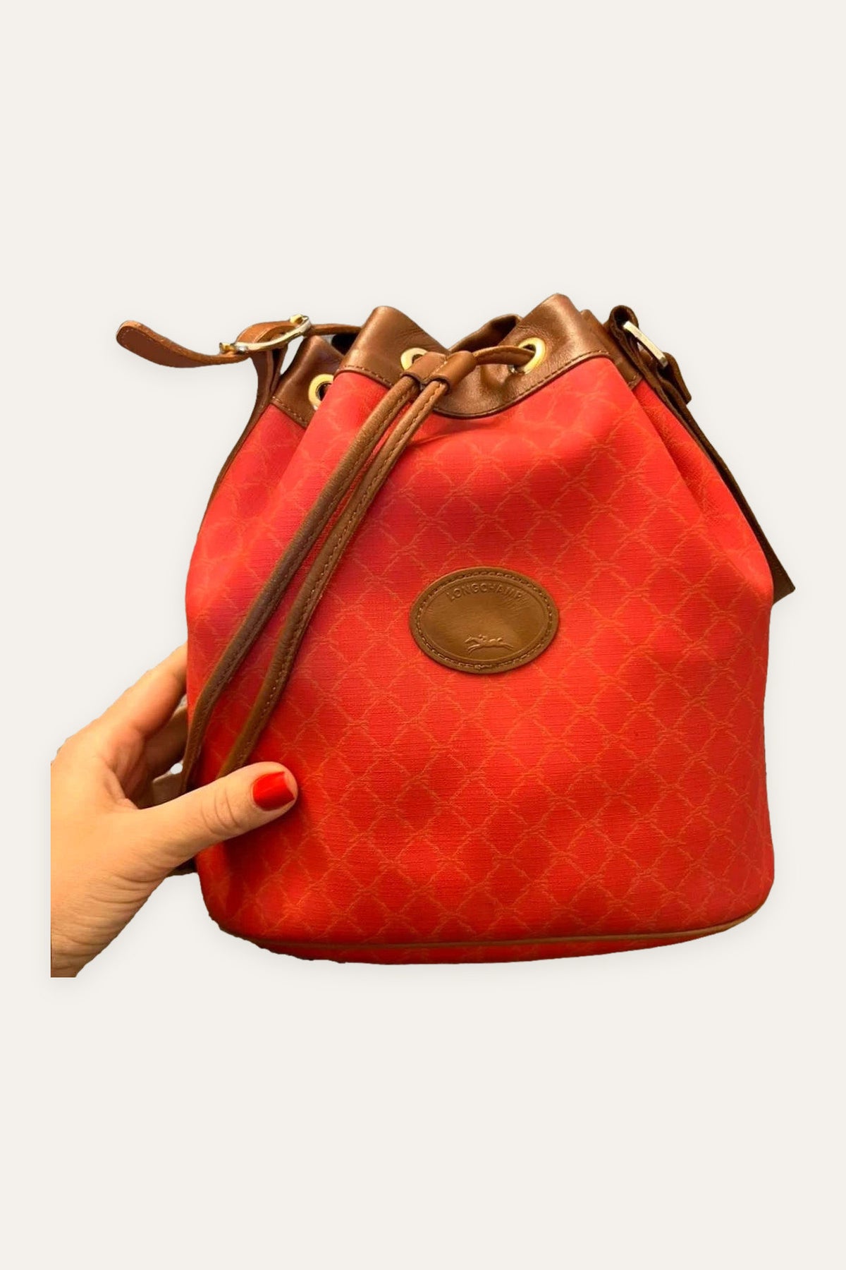 Longchamp red canvas vintage bucket bag