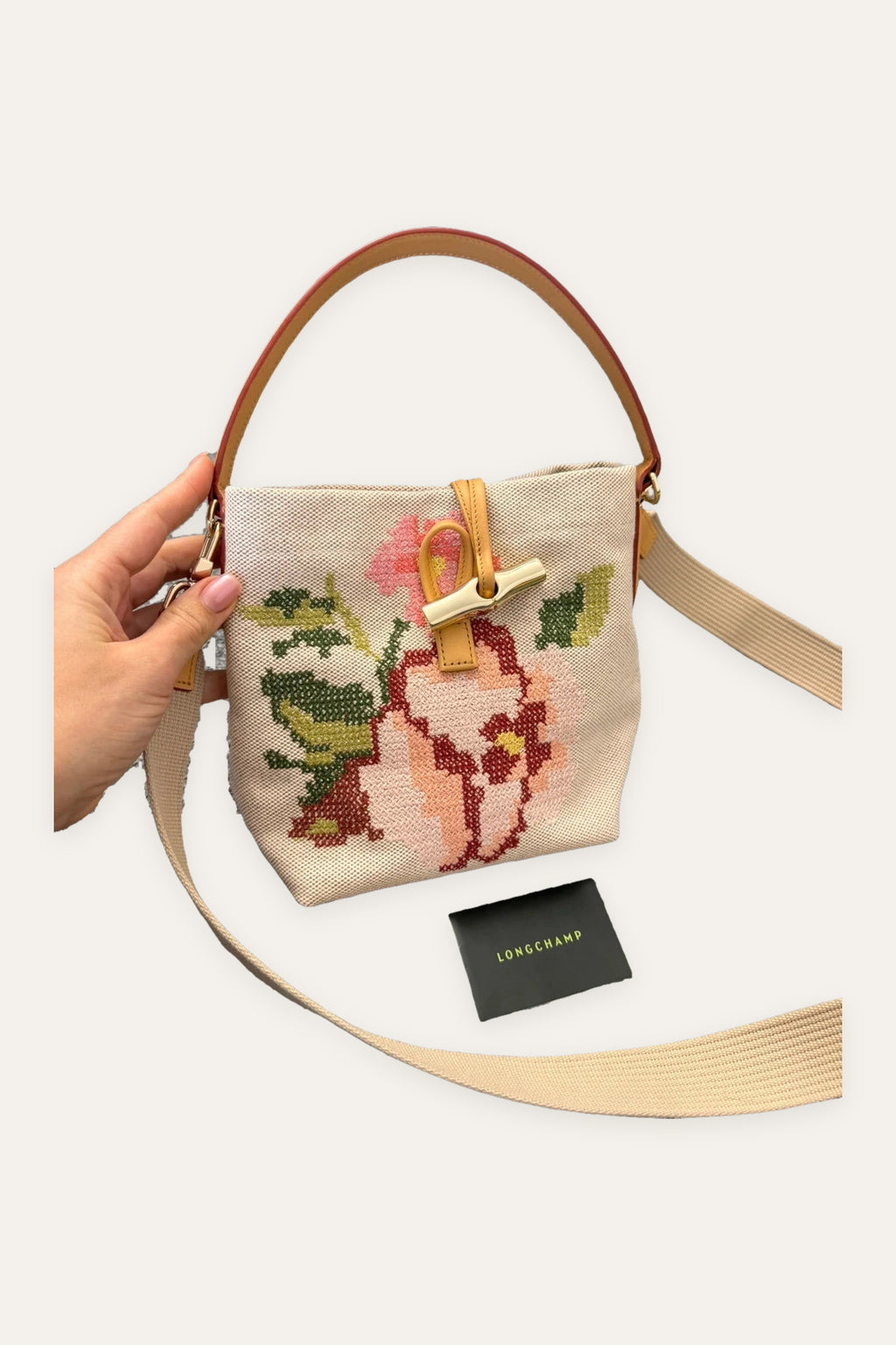 Longchamp Roseau beige embroidered bag