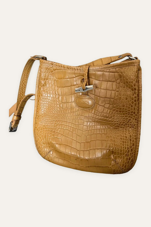 Longchamp roseau croco beige mustard leather crossbody bag
