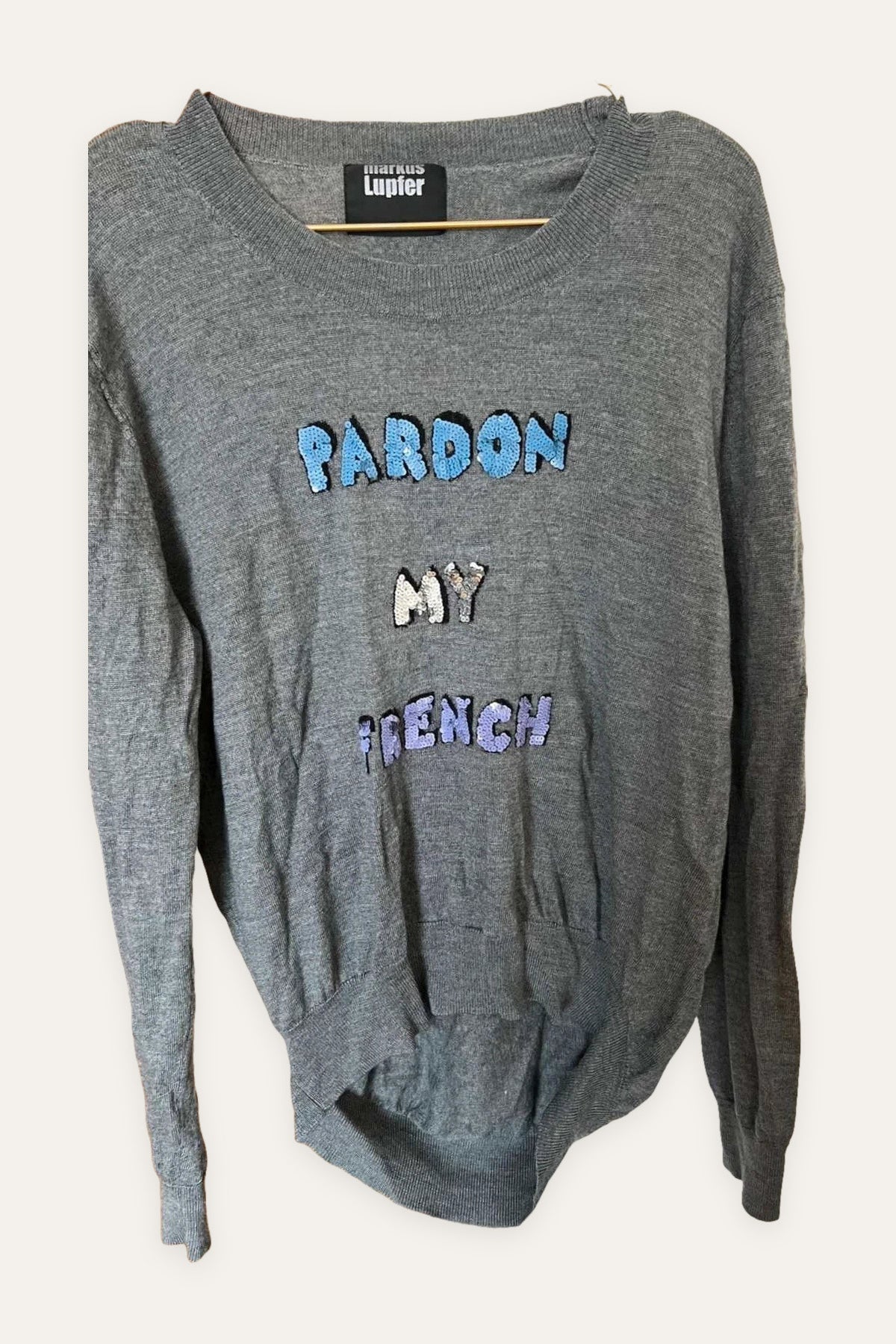 Markus Lupfer grey wool sweater Pardon my French sequin decoration