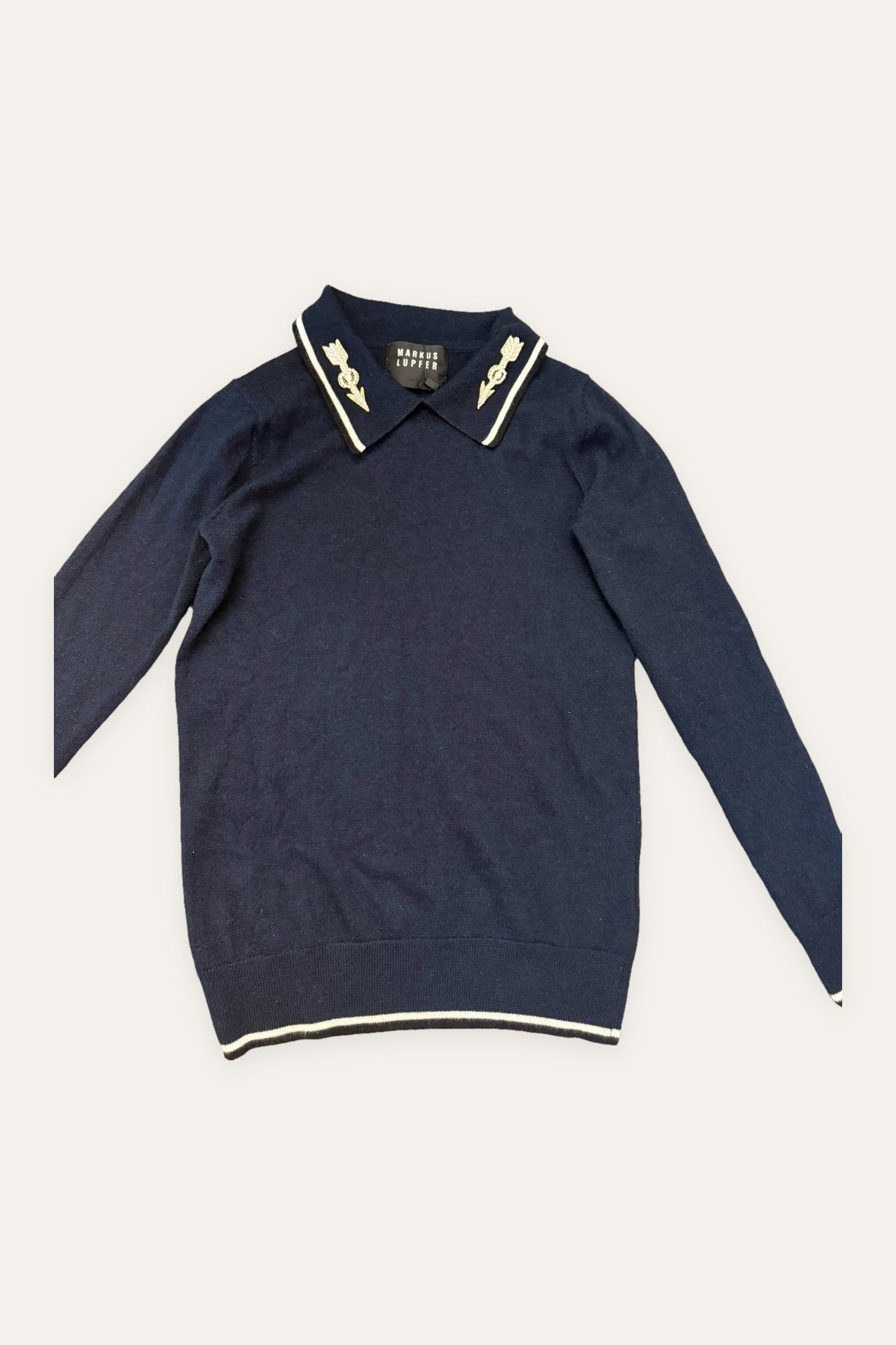 Markus Lupfer navy wool jumper with pearl embroidery