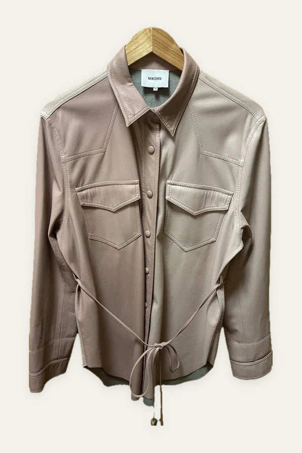 Nanushka two-tone pink vegan leather belted shirt