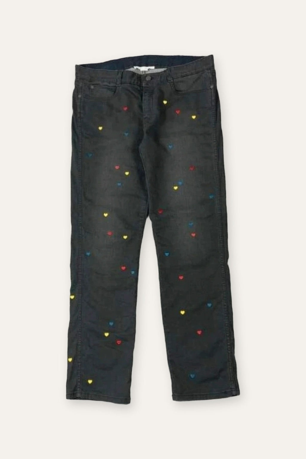 Stella McCartney black jeans with embroidered colourful hearts